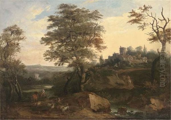 A Wooded Landscape With Travellers By A River, A Villa Beyond - view 1