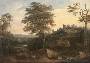 A Wooded Landscape With Travellers By A River, A Villa Beyond