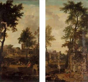 A Classical Landscape With Three Maidens Bringing Gifts To A Roman Memorial (+ A Classical Landscape With An Imaginary Townscape And Figures In The Foreground; Pair) by Albert Meyeringh