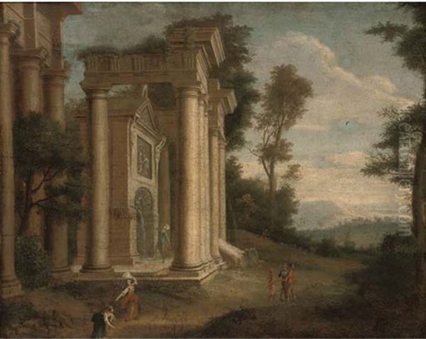 A Landscape With Figures By Classical Ruins And A Fountain - view 1