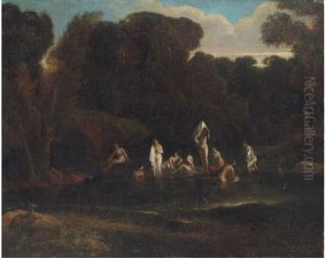 A Landscape With Nymphs Bathing At A Wooded Pool by Albert Meyeringh