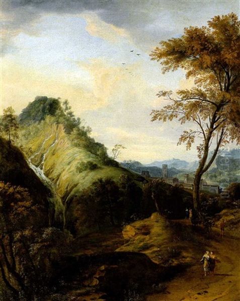 Suditalienische Gebirgslandschaft Mit Blick Auf Eine Stadt Und Figuren - view 1
