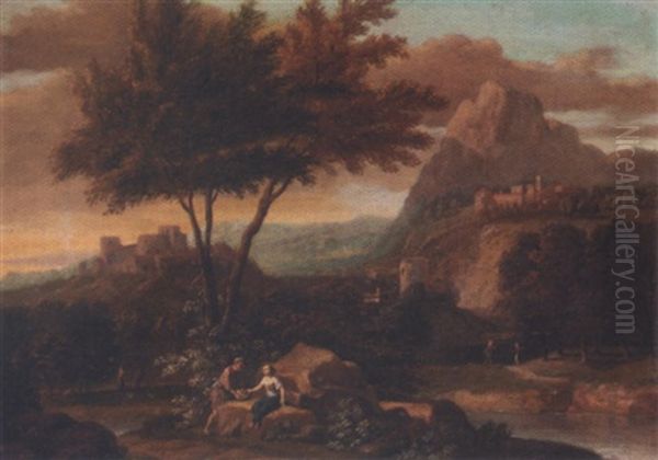 An Italianate River Landscape With A Man And A Woman Conversing In The Foreground - view 1