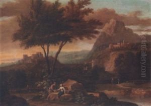 An Italianate River Landscape With A Man And A Woman Conversing In The Foreground