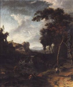 A Classical Landscape With A Mother And A Child On A Donkey