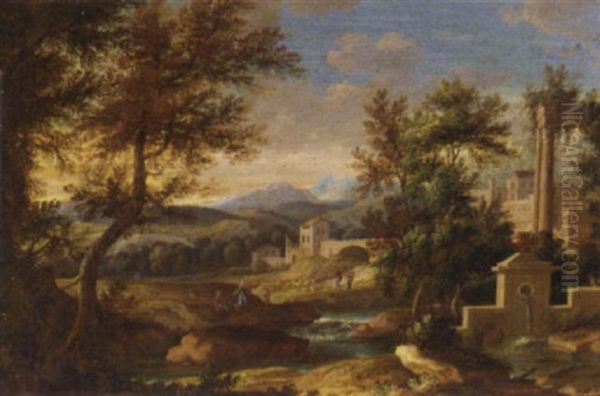 A Classical River Landscape With Figures, A Fountain In The Foreground - view 1