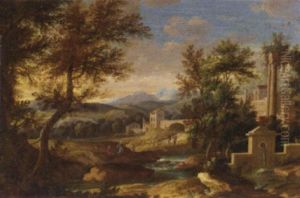 A Classical River Landscape With Figures, A Fountain In The Foreground