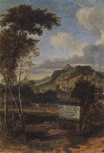 An Arcadian Landscape With A Tomb In The Foreground And A Traveller With His Donkeys Walking Along A River