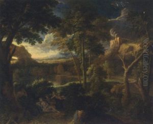 A Wooded Landscape With Classical Figures by Albert Meyeringh