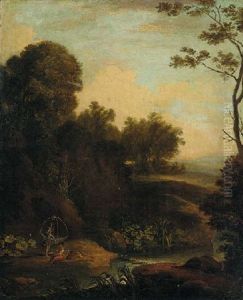 A Wooded River Landscape With Fisherfolk In The Foreground by Albert Meyeringh