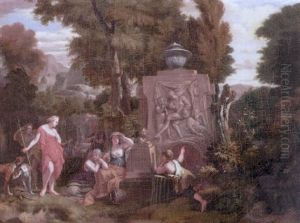 A Huntress And Other Figures Amid Classical Ruins In An Italianate Landscape by Albert Meyeringh