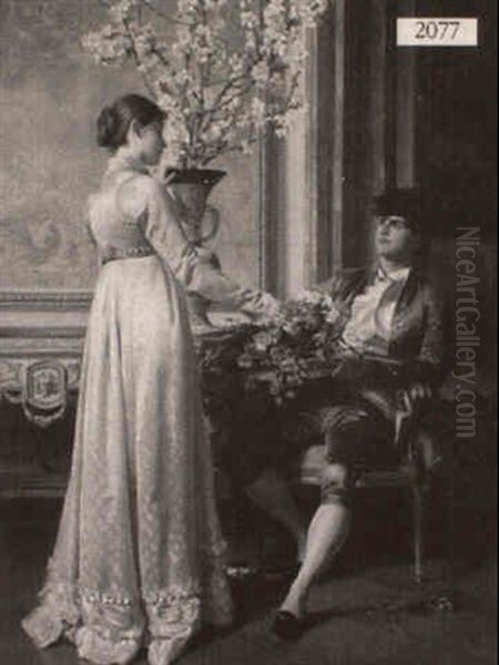 Standing Woman In Satin Gown With Seated Man In Blue - view 1