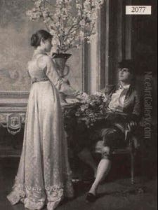 Standing Woman In Satin Gown With Seated Man In Blue by Christian Meyer-Ross