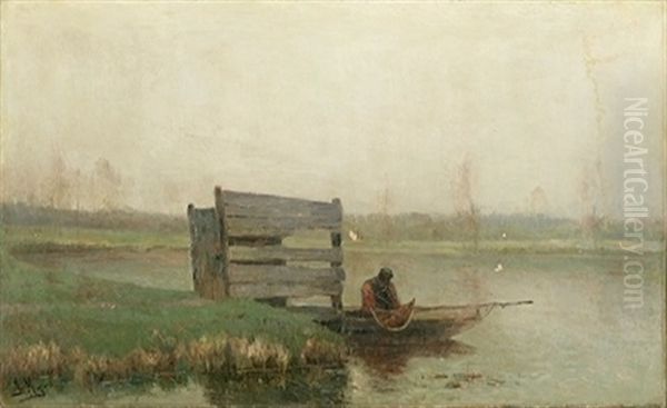 Paysage Brumeux Avec Pecheur Dans Une Barque - view 1
