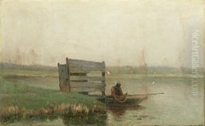 Paysage Brumeux Avec Pecheur Dans Une Barque by Isidore Meyers