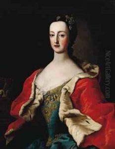Portrait Of A Princess, Half-length, In A Blue Dress With Gold Embroidery And An Ermine Trim Cape, A Crown On A Table Beside Her