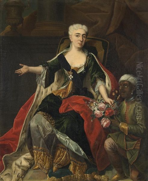 A Portrait Of A Noblewoman, Full Length, Seated, With A Blackamoor Kneeling Beside Her Holding A Basket Of Flowers, Thought To Be Elisabeth Christine De Brunswick-wolfenbuttel - view 1