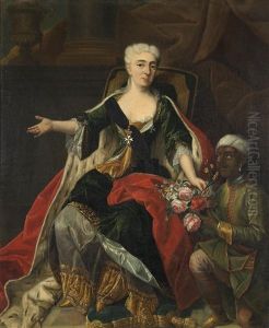A Portrait Of A Noblewoman, Full Length, Seated, With A Blackamoor Kneeling Beside Her Holding A Basket Of Flowers, Thought To Be Elisabeth Christine De Brunswick-wolfenbuttel