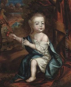 Portrait Of A Young Boy In A White Shirt With A Blue Sash, Cherries In His Right Hand, In A Landscape With A Parrot
