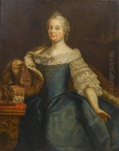 Portrait Of Empress Maria Theresa Standing In A Blue Dress With An Ermine-lined Wrap, Beside A Table With Two Crowns thumbnail