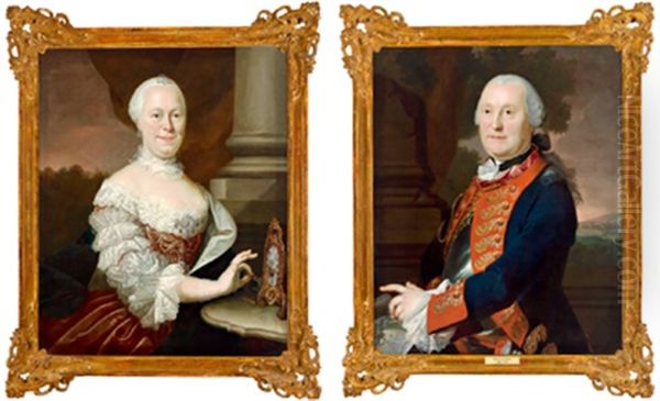 Bildnis Eines Artillerie-generals Mit Dem Plan Einer Festung (+ Bildnis Seiner Gemahlin Mit Einer Vergoldeten Tischuhr; Pair) - view 1