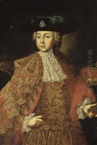 Portrait Of A Boy In A Red Embroidered Coat And Waistcoat, With A Lace Cravat And Cuffs And The Order Of The Golden Fleece, A Crown On A Ledge Beyond by Martin van Meytens the Younger