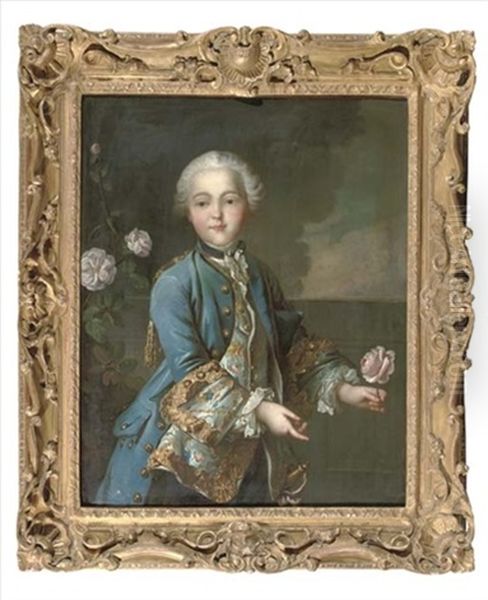 Portrait Of A Boy In A White Chemise With Lace Collar And Cuffs, A Silver And Gold Embroidered Vest, A Blue Jacket And Wig, Standing On A Balcony With A Pink Rose In His Left Hand - view 1