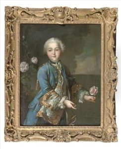 Portrait Of A Boy In A White Chemise With Lace Collar And Cuffs, A Silver And Gold Embroidered Vest, A Blue Jacket And Wig, Standing On A Balcony With A Pink Rose In His Left Hand by Martin van Meytens the Younger