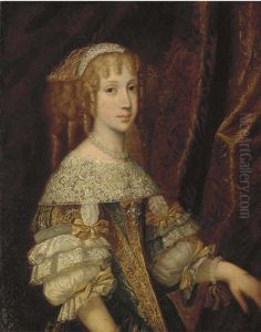 Portrait Of A Lady, Half-length, In A Gold And Blue Silk Dress With Lace Trim, Wearing A Pearl Necklace And Bracelet by Martin van Meytens the Younger