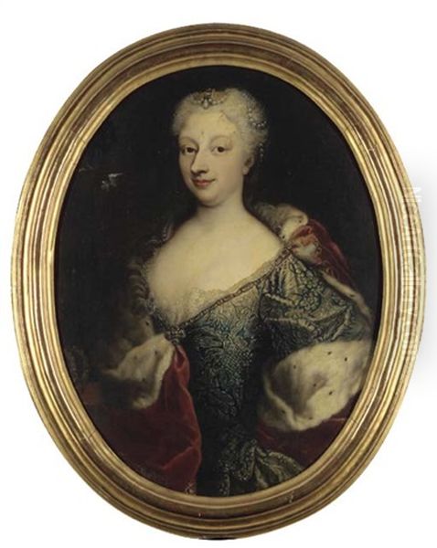 Portrait Of Polissena D'assia, Queen Of Sardinia, In A Blue Dress Embroidered With Silver Thread And Trimmed With Lace And A Red Velvet Shawl With Ermine Trimmings - view 1