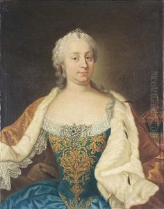 A Portrait Of Maria Theresa, Archduchess Of Austria, Empress Of The Holy Roman Empire, Queen Of Hungary And Bohemia, Wearing An Blue Satin Dress With A Gilt-embroidered And White Lace Bodice And An Er by Martin van Meytens the Younger