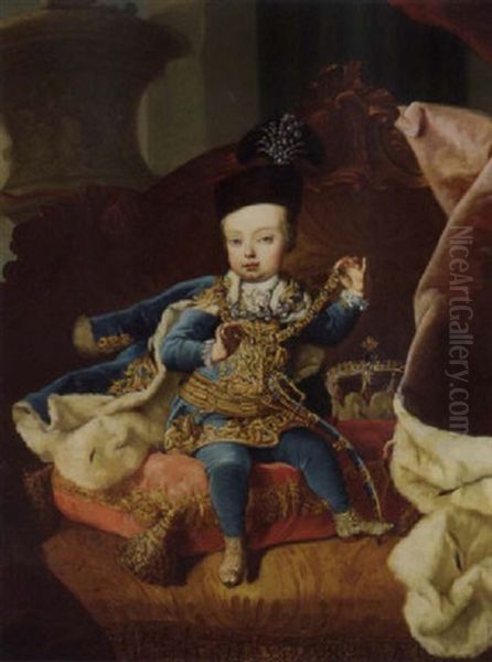 Portrait Of Archduke Joseph, Later Emperor Joseph Ii Of Austria, Seated On A Pink Cushion, In Gold Embroidered Brocade Blue Jacket by Martin van Meytens the Younger