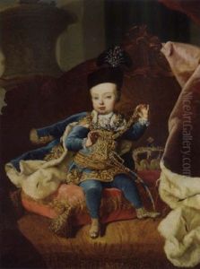 Portrait Of Archduke Joseph, Later Emperor Joseph Ii Of Austria, Seated On A Pink Cushion, In Gold Embroidered Brocade Blue Jacket