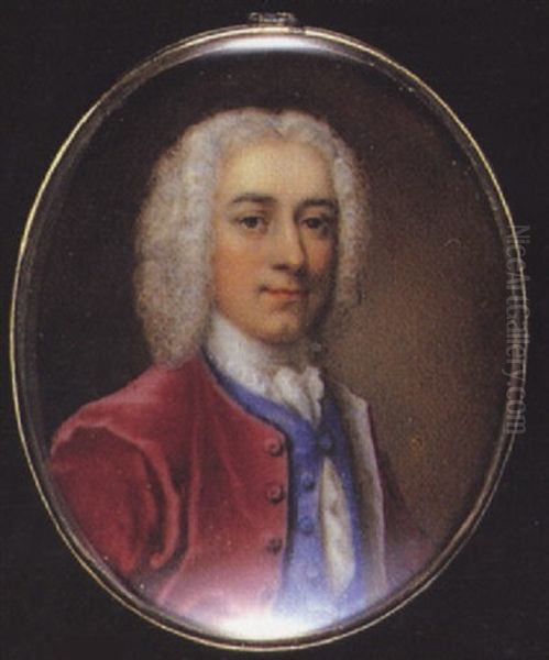 A Gentleman Wearing Powdered Wig, White Lined Crimson Coat, Blue Waistcoat And White Lace Cravat - view 1