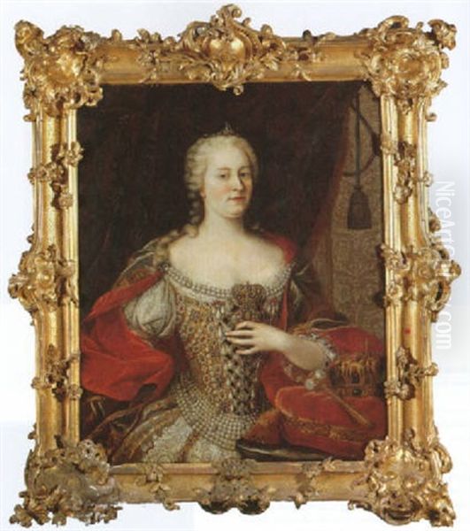 Portrait Of Empress Maria Teresa Of Austria, In A Pearl Encustred Dress And Red Shawl Beside A Crown And Sceptre - view 1