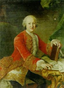 Portrait Of A Gentleman Wearing A Red Jacket And A White Waistcoat And Cravat Beside A Marble Table, His Hand Resting On A Book by Martin van Meytens the Younger
