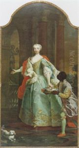 Ganzfigurenbildnis Der Furstin Elisabeth Esterhazy De Galantha Mit Einem Mohrenknaben, Der Ihr Einen Blumenkorb Reicht Und Einem Hundchen by Martin van Meytens the Younger