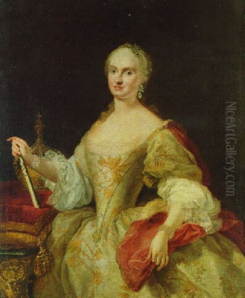 Portrait Of A Lady, Three-quarter-length, In A White Brocade Dress, Holding A Fan, A Crown Beside Her - view 1