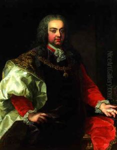 Portrait Of Kaiser Franz I In A Purple Robe And Wearing The Order Of The Golden Fleece, His Hand Resting On A Crown On A Table by Martin van Meytens the Younger