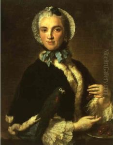 Portrait Of A Lady Holding A Parrot And Cherries