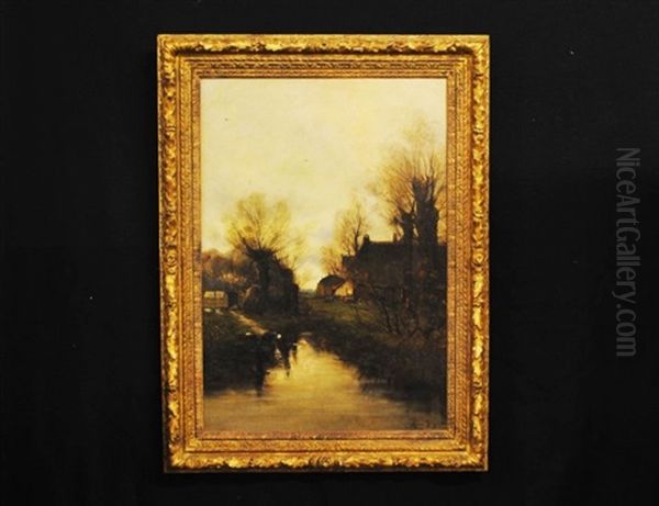 French Barbizon Landscape With Washer Woman - view 1