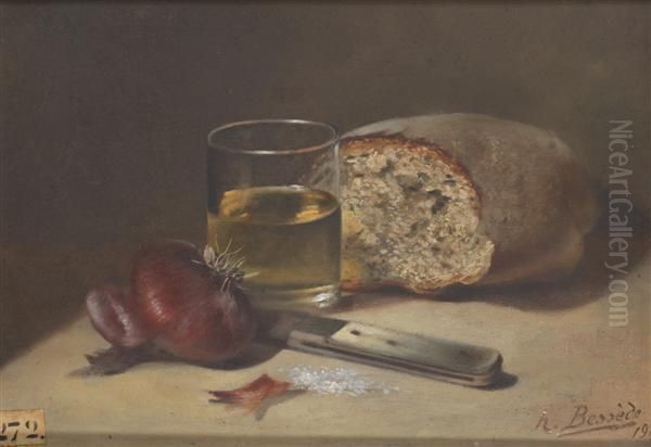 Nature Morte A La Miche De Pain, Au Couteau Et Au Verre De Vin Blanc - view 1