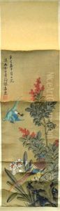 Chinese Bird & Berry Painting On Silk On Scroll Chinese Bird & Berry Painting On Silk On Scroll