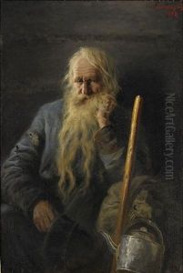Portrait Of A Bearded Peasant With A Staff And A Tin Kettle