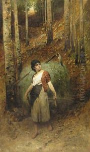 Junge Italienerin Mit Karren Voll Gras Und Sense In Einem Waldweg