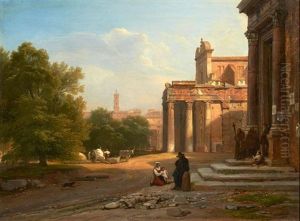 Paysans Pres De La Cascade Delle Marmore A Tivoli, Vue Du Temple D'antonin Et Faustine A Rome (pair)