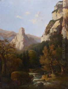 Paysage Montagneux, Avec Des Orientaux Au Bord D'un Torrent