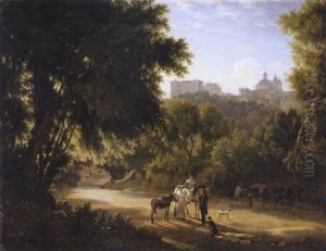 A Valley In The Alban Hills With Travellers On A Road, A View Of The Chigi Palace And Santa Maria Dell'assunta, Ariccia Beyond by Achille Etna Michallon