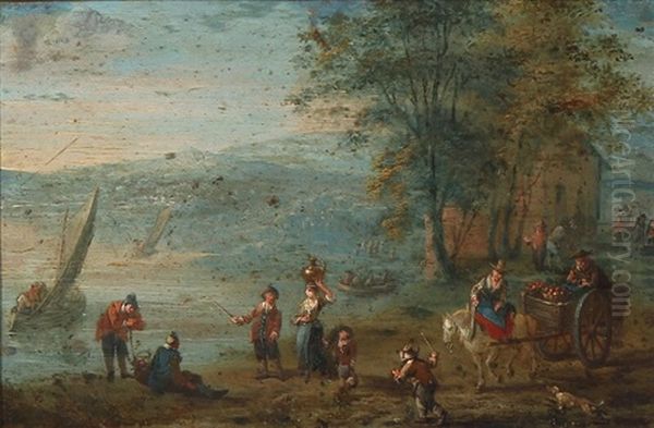 Fishermen And Peasants Trading On A Riverbank - view 1