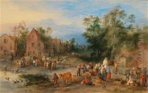 Numerous Peasants With Their Livestock In A Village by Theobald Michau